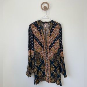 Free People Bell Sleeve Short Dress Bohemian Print